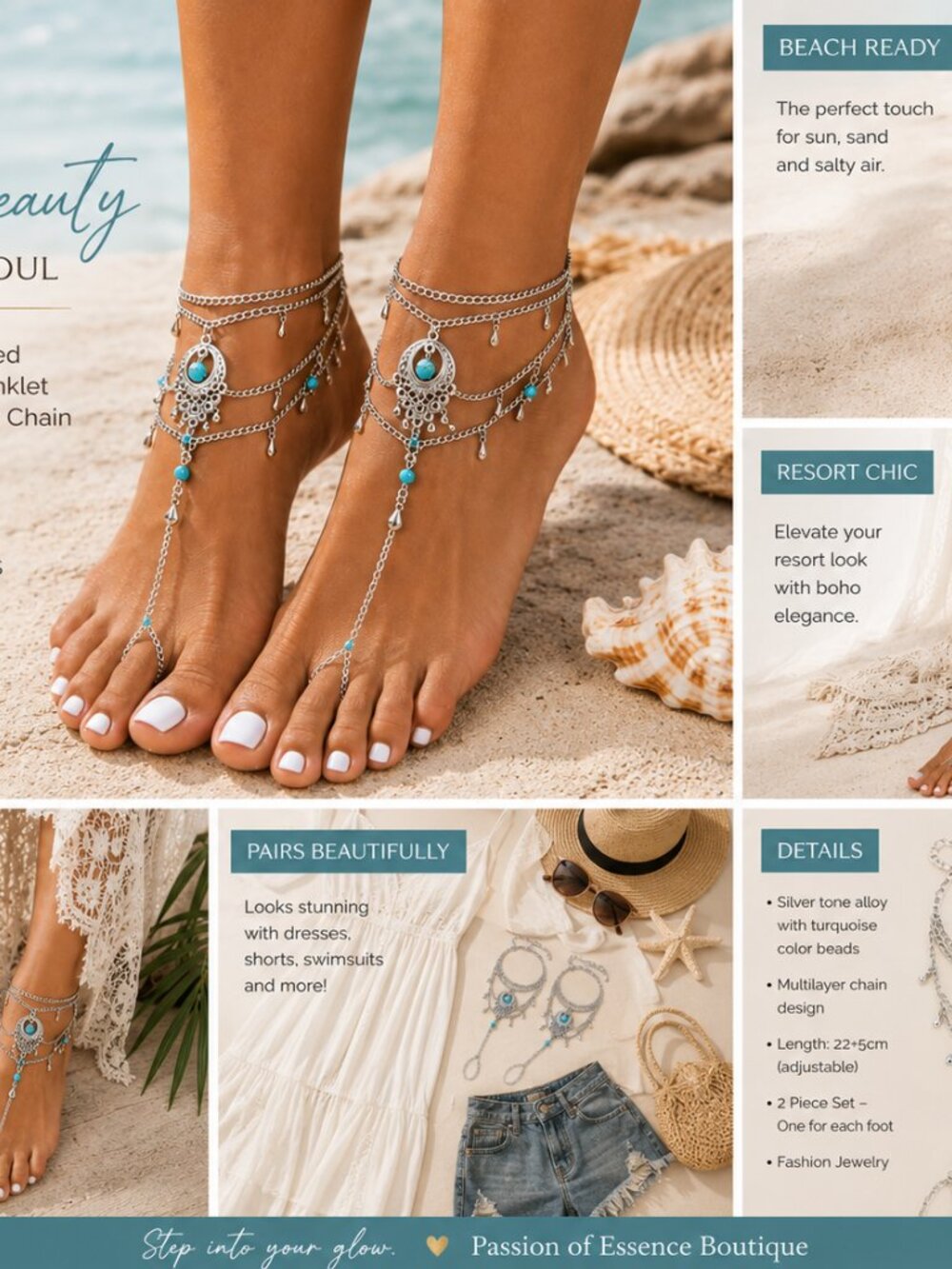 Boho Turquoise Blue Beaded Barefoot Sandal Anklet Set – 2PC Silver Foot Chains